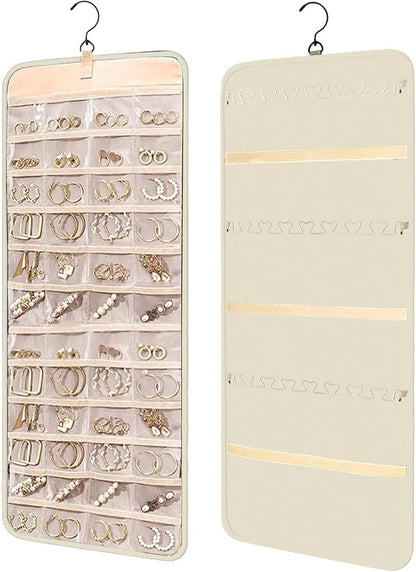 Hanging Jewelry Organizer Storage Roll with Hanger Metal Hooks Double-Sided Jewelry Holder for Earrings, Necklaces, Rings on Closet, Wall, Door, Large 14.17" x 33.07" (beige)
