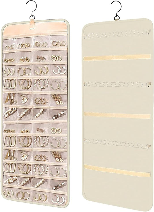Hanging Jewelry Organizer Storage Roll with Hanger Metal Hooks Double-Sided Jewelry Holder for Earrings, Necklaces, Rings on Closet, Wall, Door, Large 14.17" x 33.07" (beige)