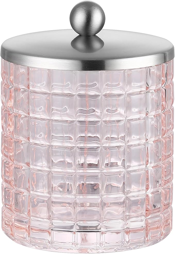 Blush Colored Tranlucent Apothecary Etched Geometric Grid Glass Jar W/ Nickel Metal Lid Cover for Bathroom Organization, Cotton Balls, Q Tips, and Small Accessories, Bathroom Storage