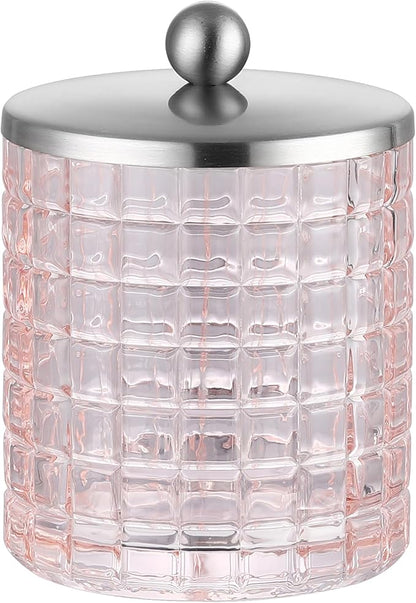 Blush Colored Tranlucent Apothecary Etched Geometric Grid Glass Jar W/ Nickel Metal Lid Cover for Bathroom Organization, Cotton Balls, Q Tips, and Small Accessories, Bathroom Storage
