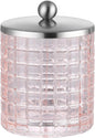 Blush Colored Tranlucent Apothecary Etched Geometric Grid Glass Jar W/ Nickel Metal Lid Cover for Bathroom Organization, Cotton Balls, Q Tips, and Small Accessories, Bathroom Storage
