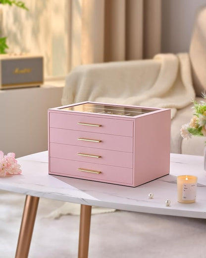 pickpiff Jewelry Box Organizer Case for Women: 4-Layer Jewelry Storage Case with Glass Window, Pink Leather with Velvet Holder for Ring Necklace Bracelet Brooch Watch, Great Gift for Her