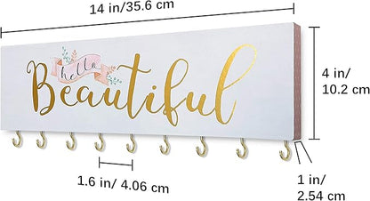 SANY DAYO HOME Hello Beautiful Wall Mount Necklace Holder Organizer with 9 Jewelry Hooks for Ring, Hair Bow, Headband, Purse - Wall Decor for Girls Room