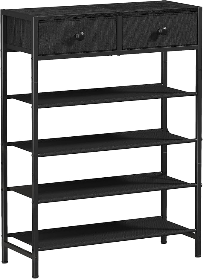 Shoe Rack, 5 Tier Shoe Organizer with 2 Drawers, Metal Shoe Storage for 16-20 Pairs of Shoes with Fabric Shelves and Wooden Top, Narrow Shoe Shelf for Closet Entryway Black