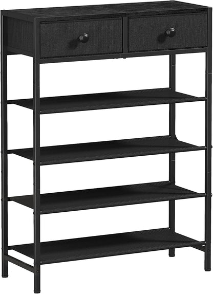 Shoe Rack, 5 Tier Shoe Organizer with 2 Drawers, Metal Shoe Storage for 16-20 Pairs of Shoes with Fabric Shelves and Wooden Top, Narrow Shoe Shelf for Closet Entryway Black