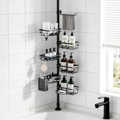 Shower Caddy Organizer Tension Pole, Rustproof 6-Pack Corner Shelf with 30-120 Inch Adjustable Shower Rack for Inside Shower, Extra Towel Bar & Soap Dish for Bathroom Organizers and Storage, Black