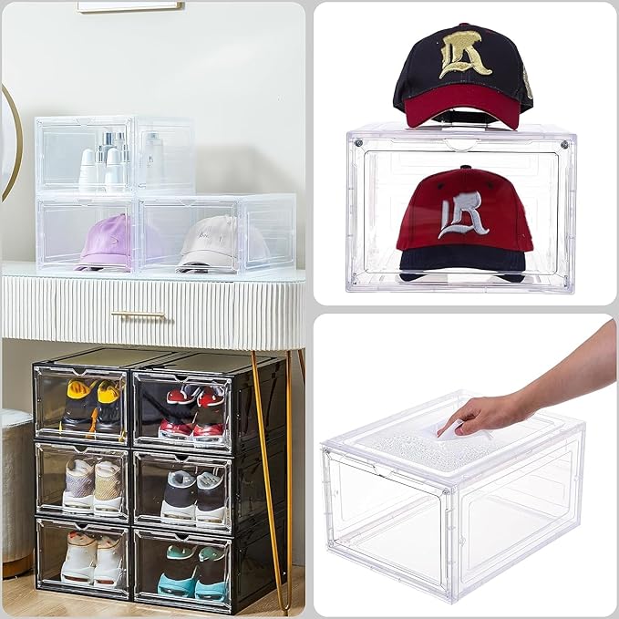 Attelite Upgrade Harder Solid Plastic Hat Organizer for Baseball Caps, 8 Pack Stackable Hat Storage Box with Clear Magnetic Door, Hat Rack(XL-Black)