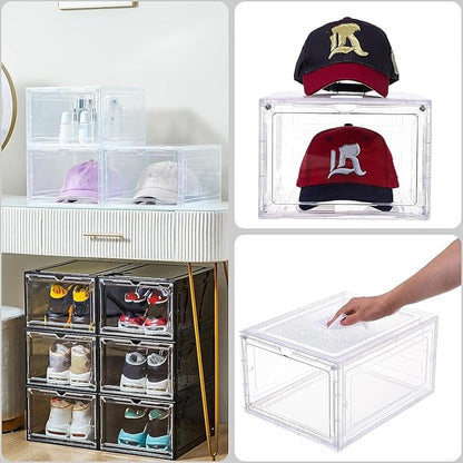 Attelite Upgrade Harder Solid Plastic Hat Organizer for Baseball Caps, 8 Pack Stackable Hat Storage Box with Clear Magnetic Door, Hat Rack(XL-Clear)