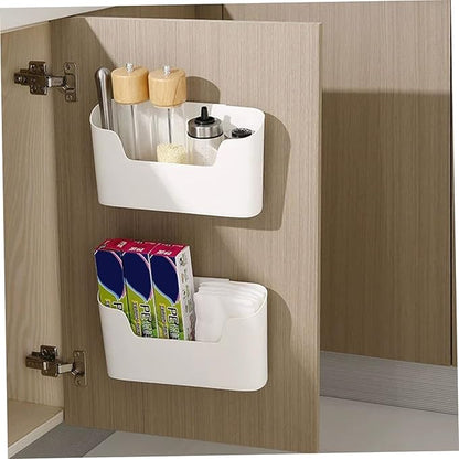Cabinet Door Organizer 2PCS Plastic Adhesive Inside Door Storage Box Stackable Cabinet Organizer for Kitchen Bathroom Pantry Office Table Space Saving Mounted Containers, White