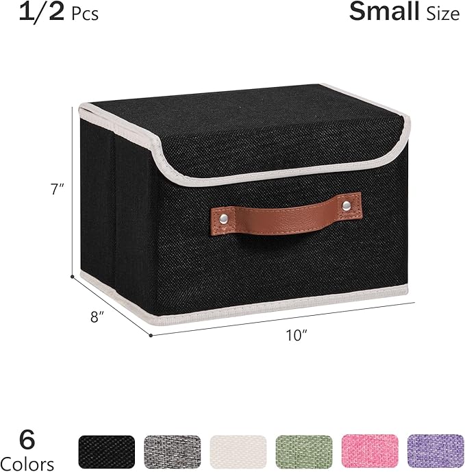 2PCS Storage Bins Box with Lids Decorative Cotton Linen Fabric Baskets Cubes with Handles PP Plastic Board Foldable Washable Lidded Clothing Shelf Closet Organizer Container (Black, Small)