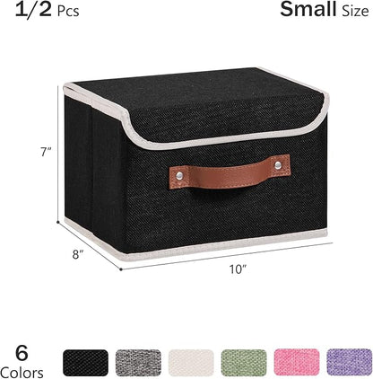 2PCS Storage Bins Box with Lids Decorative Cotton Linen Fabric Baskets Cubes with Handles PP Plastic Board Foldable Washable Lidded Clothing Shelf Closet Organizer Container (Black, Small)