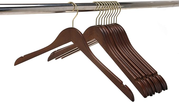 Quality Semi Curved Wooden Suit Hangers, 10-Pack Smooth Finish Solid Wood Coat Hanger with Swivel Hook, Jacket, Pant, Dress Clothes Hangers (Walnut - Gold Hook, 10)
