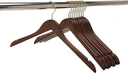Quality Semi Curved Wooden Suit Hangers, 10-Pack Smooth Finish Solid Wood Coat Hanger with Swivel Hook, Jacket, Pant, Dress Clothes Hangers (Walnut - Gold Hook, 10)