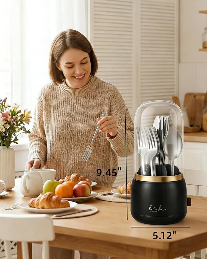 Silverware Organizer with Lid, 360° Rotation Utensil Holder for Kitchen Counter, Silverware Caddy for Party, 7 Slots Fits Standard Utensils & Steak Knives, Not for Extra-Long Knives (Black)