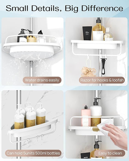 ALLZONE Corner Shower Caddy Tension Pole, Extendable Rustproof Stainless Steel Pole & 4-Tier Adjustable Shelves for Easy Drainage and Built-to-Last Stability, 34 to 116 Inches, White