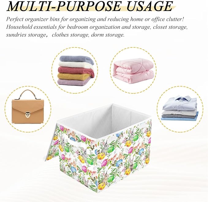 senya Easter Storage Baskets Collapsible Storage Bins with Lids, Easter Bunny Eggs in Grass Flowers Storage Boxes Clothes Baskets for Organizing