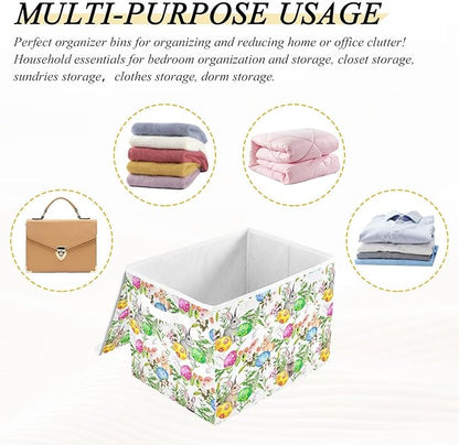senya Easter Storage Baskets Collapsible Storage Bins with Lids, Easter Bunny Eggs in Grass Flowers Storage Boxes Clothes Baskets for Organizing