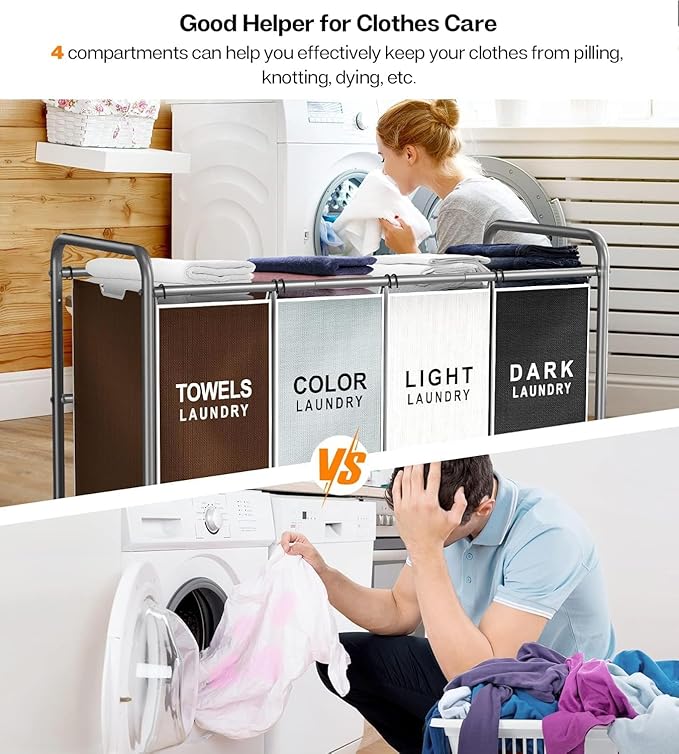 ROMOON Laundry Hamper Sorter Cart: 4-Section Organizer with Heavy-Duty Lockable Wheels and Removable Bags | 180L Rolling Laundry Basket for Dirty Clothes in Laundry Room or Small Spaces (Multicolor)