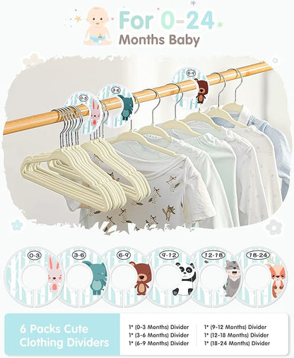 VIS'V Baby Hangers, 11 Inch Velvet Kids Hangers with 6 Pcs Clothes Size Dividers, Infant Toddler Nursery Closet Organization, Non Slip, Beige, 50 Pcs