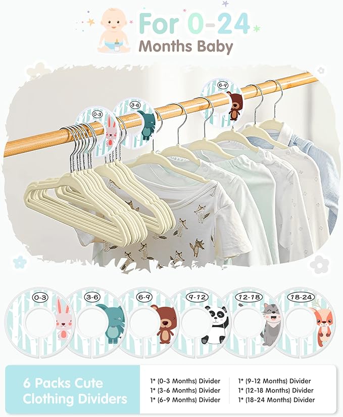 VIS'V Baby Hangers, 11 Inch Velvet Kids Hangers with 6 Pcs Clothes Size Dividers, Infant Toddler Nursery Closet Organization, Non Slip, Beige, 30 Pcs