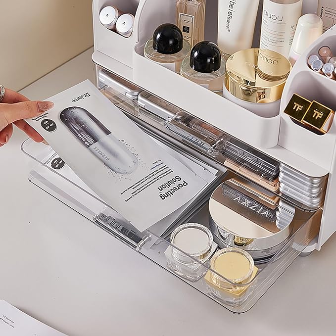 Makeup Organizer with Drawers for Vanity,Bathroom Countertop Organizer with Brushes Holder,Skincare Storage Organizer,Perfect Cosmetic Display Case for Skincare,Lipstick and Beauty Essential (White)