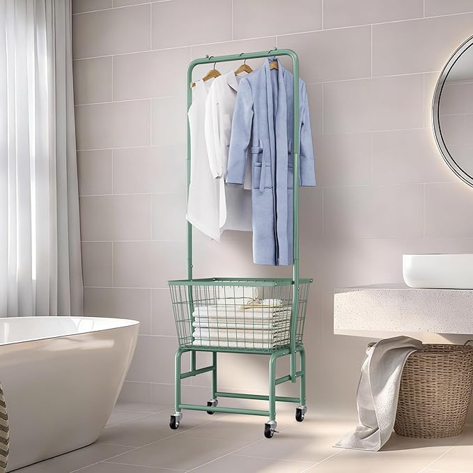 Rolling Laundry Cart with Wheels, Laundry Hamper Basket Organizer with Clothes Hanging Rack, Wire Storage Cloth Shelf Butler, Green