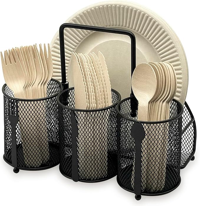 DysanVica Utensil Caddy Silverware Holder - 4 Compartment Metal Mesh Cutlery Fork Spoon Napkin Plate Organizer Flatware Storage Basket Party Kitchen Countertop Buffet Picnic Camping Outdoor BBQ Black