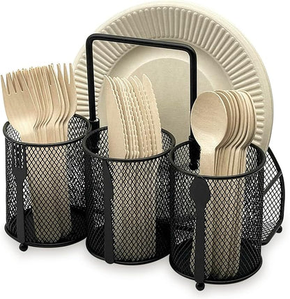 DysanVica Utensil Caddy Silverware Holder - 4 Compartment Metal Mesh Cutlery Fork Spoon Napkin Plate Organizer Flatware Storage Basket Party Kitchen Countertop Buffet Picnic Camping Outdoor BBQ Black