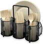 DysanVica Utensil Caddy Silverware Holder - 4 Compartment Metal Mesh Cutlery Fork Spoon Napkin Plate Organizer Flatware Storage Basket Party Kitchen Countertop Buffet Picnic Camping Outdoor BBQ Black