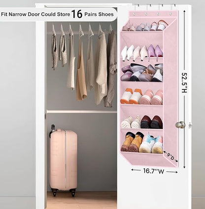 SLEEPING LAMB Over The Door Shoe Rack with Large Deep Pockets, Kids Shoe Organizer for Closet Door, Narrow Hanging Boots Storage, Pink