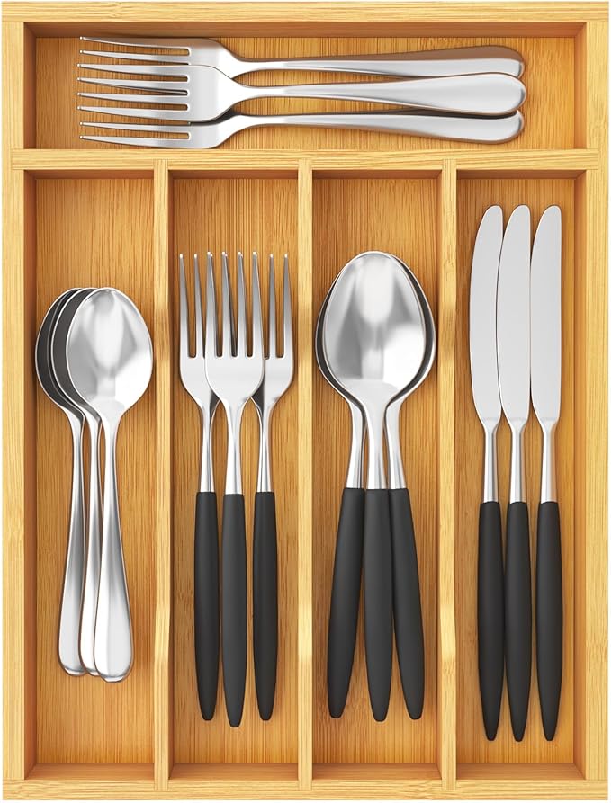 Lifewit Silverware Drawer Organizer, Utensil Tray for Kitchen, Flatware and Cutlery Holder, Storage for Spoons Forks Knives, 8.6 x 12.5", Natural
