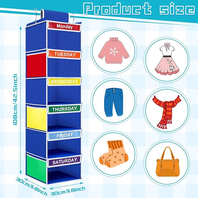 2 Pack 6 Shelves Weekly Hanging Closet Organizer 11.8 x 11.8 x 42.5 Inches Daily Activity Kids Clothes Storage Organizer Drawers Kids Hanging Cube Organizer Drawers Closet Hanging Shelves