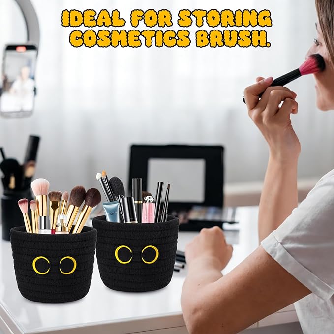 2 Pack Black Cat Makeup Brush Holder- Cute Cat Oval Mini Woven Cotton Rope Basket, Small Comb Brush Storage Decorative Empty Basket for Pencil Cosmetics Organizer Wedding Lover Gift,4 x 4 IN