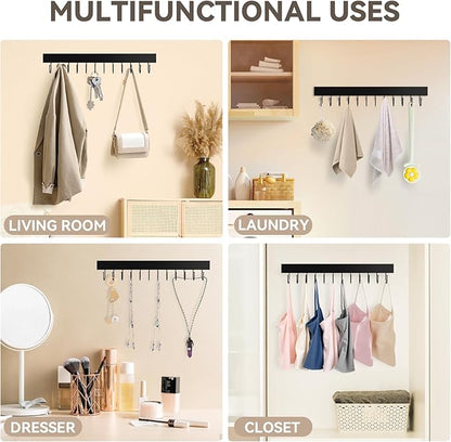 Belt Hanger Wall Mount, Wooden Closet Belt Organizer with 24 Metal Hooks, Large Capacity, Black, 2 Pcs