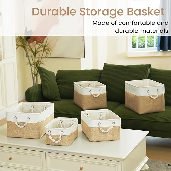Storage Baskets for Shelves 13.8x9.8x6.7 Inch, Foldable Fabric Storage Bins with Handles, Small Storage Baskets for Organizing Closet, Office, Home Organization (6-Pack, White&Khaki)