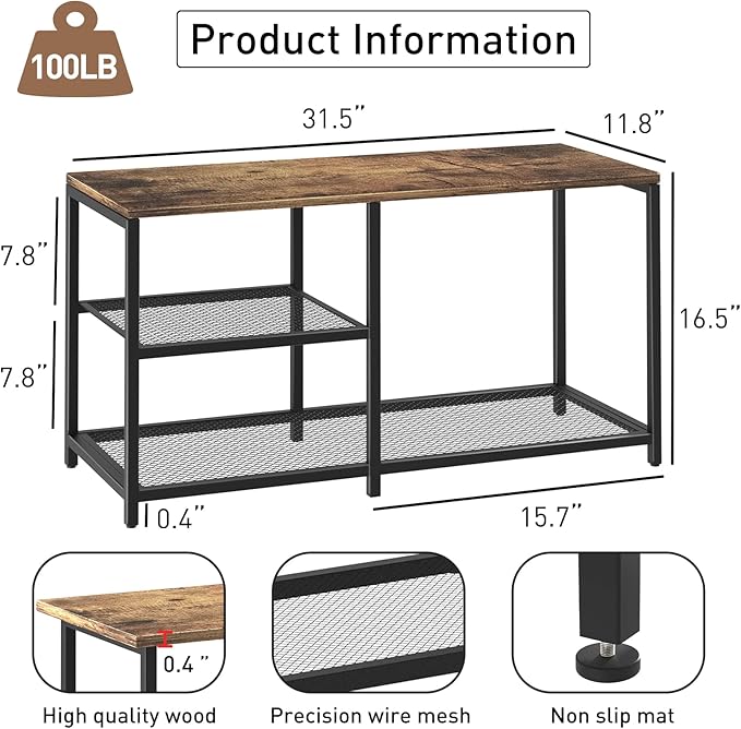 Shoe Rack Bench for Entryway 3-Tier, Free Standing Shoe Racks, Narrow Shoe Rack Shoe Storage Shelf with Boot Organizer, Rustic Shoe Rack for Small Spacesh with Wood Bench