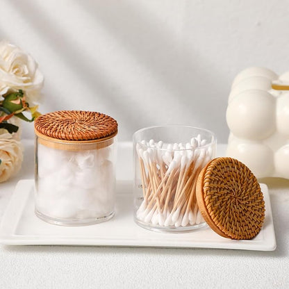 2 Pack Cotton Ball Holder Cotton Pad Holder with Rattan Lids Bathroom Container 10 oz Clear Plastic Apothecary Jar Containers Vanity Canisters Jars Accessories Set for Floss