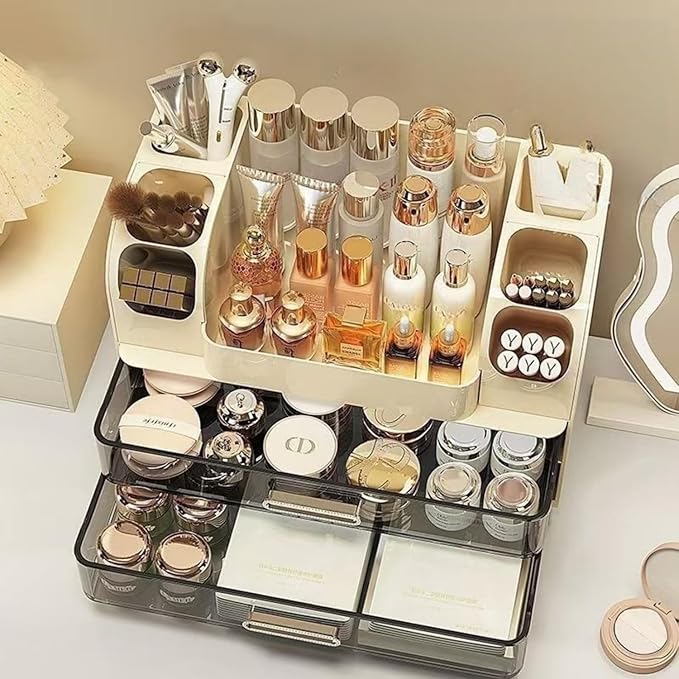 Makeup Organizer with 2 Drawers, Cosmetic Display Case, Storage Holder for Vanity, Bathroom Counter, Desk, Beauty Supplies (Cream)