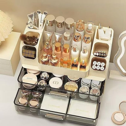Makeup Organizer with 2 Drawers, Cosmetic Display Case, Storage Holder for Vanity, Bathroom Counter, Desk, Beauty Supplies (Cream)