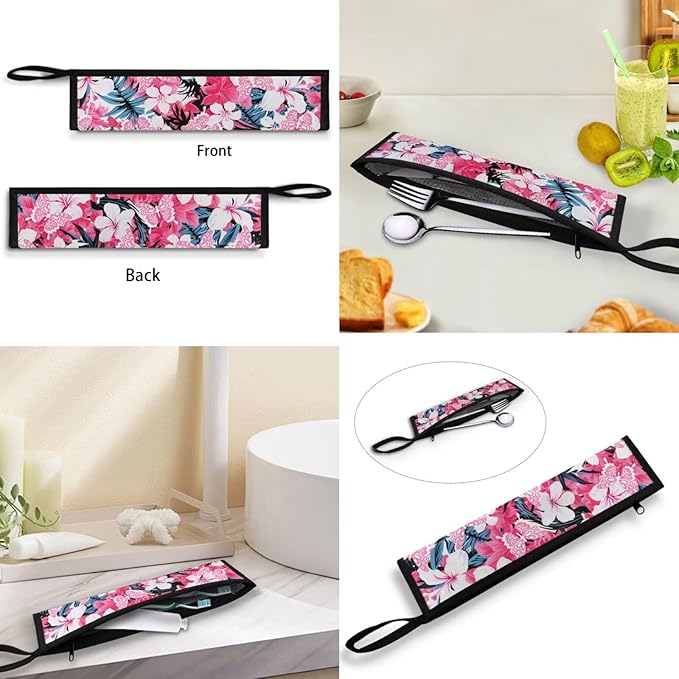 COEQINE Boho Floral Themes Kitchen Utensil Holder Case Pink Silverware Organizer With Leafproof Machine Washable Soft Fabric For Fork Spoon Knife Organizer Table Case With Handles