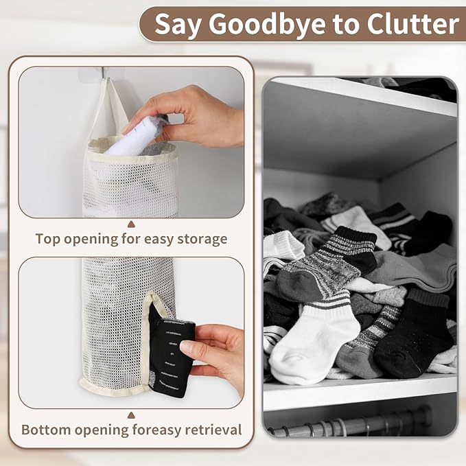 Hanging Sock Storage Bag,Wall Mount Multifunctional Bag,Sock Underwear Organizer,Hanging Closet Organizer,Saver Kitchen Storage Holder for Storing Socks Ties Plastic Bag 3PCS (Beige)