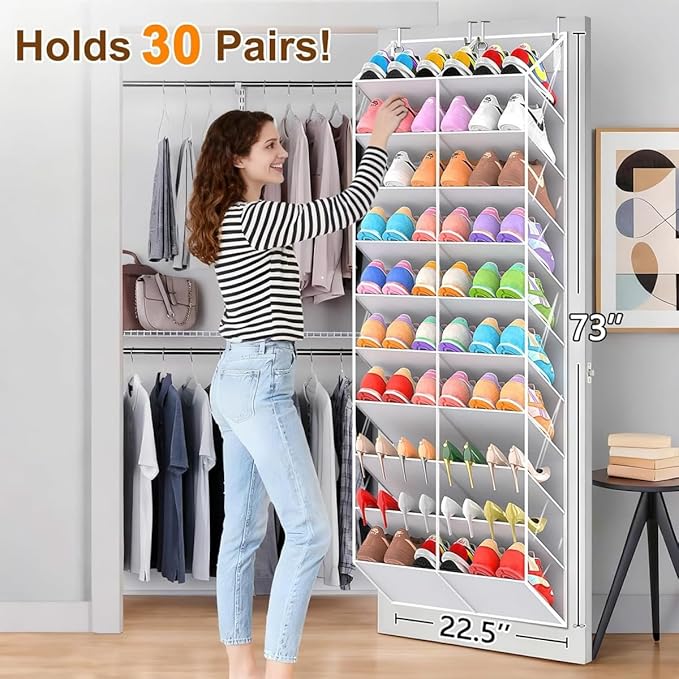 TAKE FIRE Over the Door Shoe Organizer: 10-Tier Clear Pocket Storage for Sneakers, Boots & Heels (20-30 Pairs, Black)
