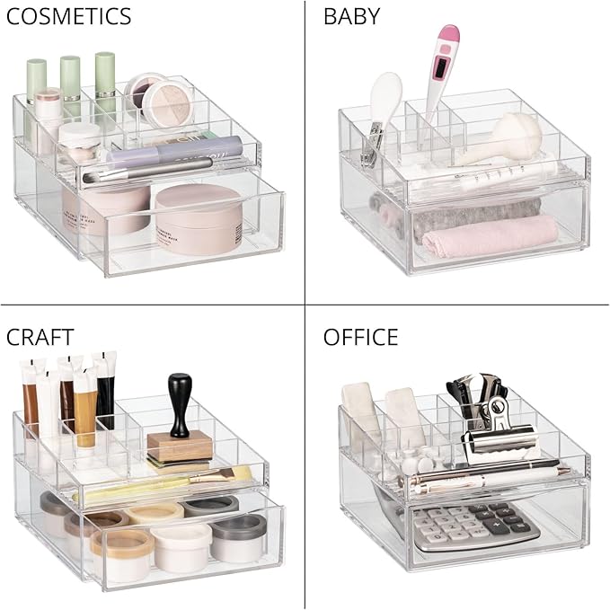 mDesign Plastic Divided Makeup Organizer Holder Bin with Front Drawer for Bathroom Vanity, Countertop Storage - Cosmetic Organization Holds Palettes, Brushes, Accessories - Cadi Collection - Clear