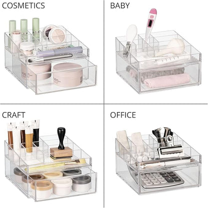 mDesign Plastic Divided Makeup Organizer Holder Bin with Front Drawer for Bathroom Vanity, Countertop Storage - Cosmetic Organization Holds Palettes, Brushes, Accessories - Cadi Collection - Clear