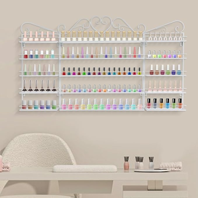 5 Tiers Wall-Mounted Nail Polish Storage Racks Metal Nail Polish Holder Cosmetic Display Case Lipstick Perfume Wall-Mounted Shelf for Home Spa Nail Salon Shop