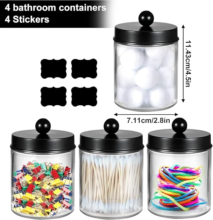 4 Pack Qtip Holder, Canister Apothecary Jar Set, Clear Plastic Apothecary Jar Containers, Bathroom Jars with Lids Set for Cotton Swabs, Balls, Pads, Floss Picks (Black)