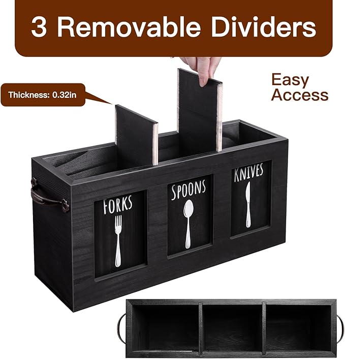 MINCORD Wood Flatware Organizer, Rustic Utensil & Silverware Holder for Forks, Spoons, Knives, Farmhouse Kitchen Cutlery Caddy Bin Countertop - Black