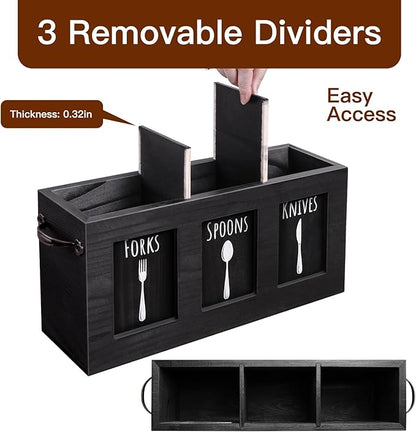 MINCORD Wood Flatware Organizer, Rustic Utensil & Silverware Holder for Forks, Spoons, Knives, Farmhouse Kitchen Cutlery Caddy Bin Countertop - Black