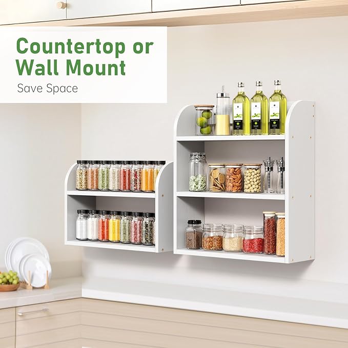 ROMGUAR CRAFT 3 Tier Bamboo Spice Rack, Countertop or Wall Mounting Wood Spice Jars Organizer Shelf for Kitche, Pantry (White)