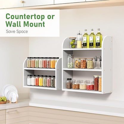 ROMGUAR CRAFT 3 Tier Bamboo Spice Rack, Countertop or Wall Mounting Wood Spice Jars Organizer Shelf for Kitche, Pantry (White)